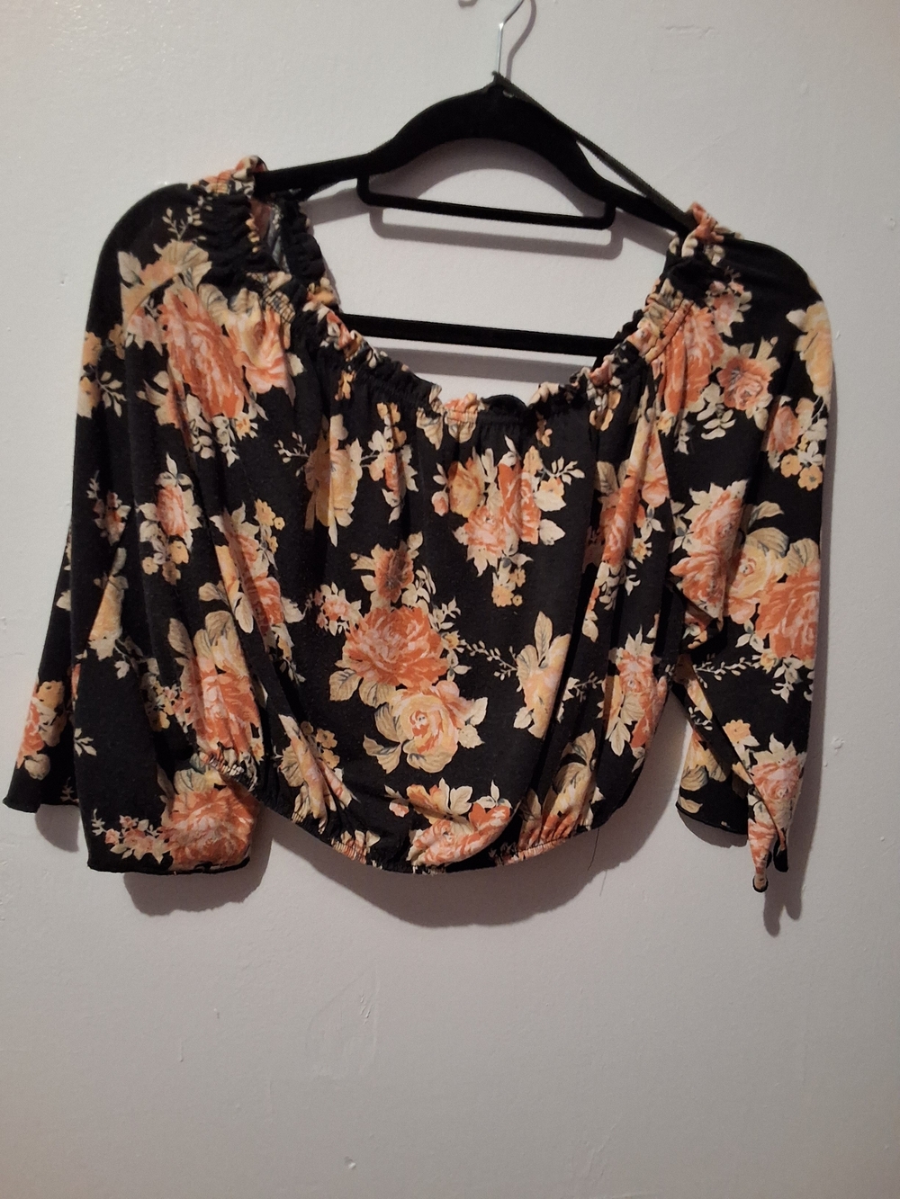 Ambiance Black Floral Off-Shoulder Crop Top with Peach Roses